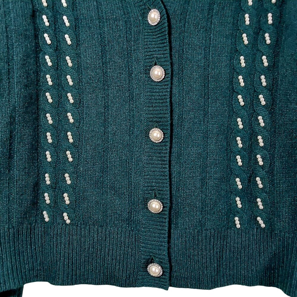 NWT Charter Club 100% Cashmere Boyfriend Cardigan Teal w Faux Pearl Accents - XL - Picture 4 of 7